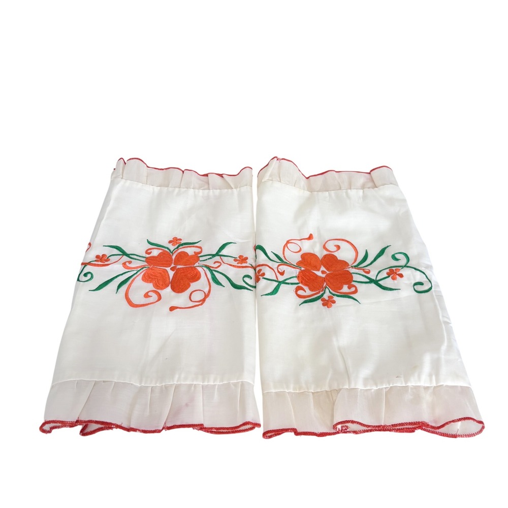 Vintage Floral‎ Embroidered Ruffle Cottage Boho Pillow Shams White Orange 19X14